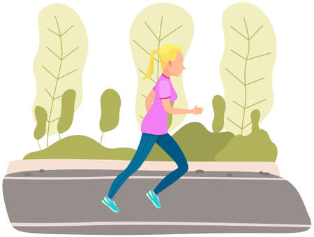 Girl running in park. Morning running of sportswoman in fresh air. Sports activity and healthy lifestyle concept. Female character jogging outdoor. Athlete goes in for sports and morning exercisesのイラスト素材