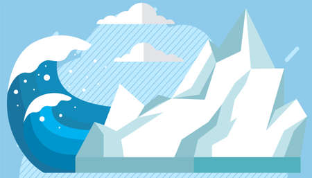 Climate change on planet is leading to melting of glaciers. Large antarctic frozen iceberg floating in water. Rising water levels on Earth lead to tsunami. Huge wave heading towards glacierのイラスト素材