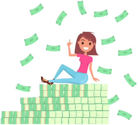 Businesswoman sitting on stairs made of dollar bills. in rain of money Metaphor for growth and making money. Rich woman enjoying success on top of stack of banknotes surrounded by money billsのイラスト素材
