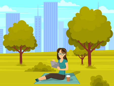 Woman is sitting in park and reading e-book. Girl spends time outdoors. Female character looks at tablet pc in her hands serfing internet, breathes fresh air on picnic. Person having rest in cityscapeのイラスト素材