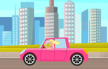 Modern car parking along town street in cartoon style. Vehicles car on city street. Auto on road with trees. Beautiful automobile in nature park. Travel by car. Drive transport. Automotive conceptのイラスト素材