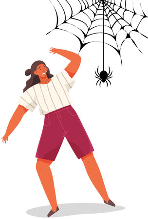 Woman with scared expression and her hand in defenses position. Scared lady near huge web. Female character with face in horror looking at black spider on web. Person defends against threatのイラスト素材