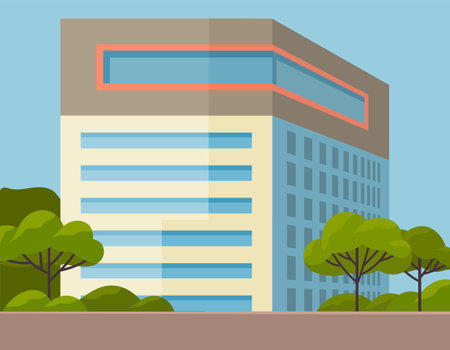 Medical center on urban background, nice park with trees. Blue sky, clouds around hospital. Clinic with ambulance. Healthcare and emergency concept. Modern medical clinic in nature landscapeのイラスト素材