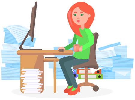 Busy businesswoman stressed due to excessive paperwork. Female employee performs work with documents to deal with deadlines. Woman sitting at workplace and looking at large amount of paper sheetsのイラスト素材