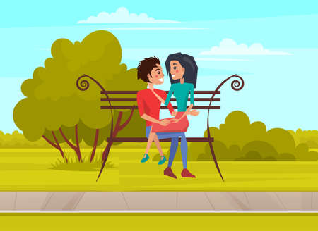 Woman sitting on lap of man on bench. Couple of lovers smiling and relaxing on date in nature. Guy and girl enamored at happy meeting in city park. People spend time together, romantic relationshipのイラスト素材