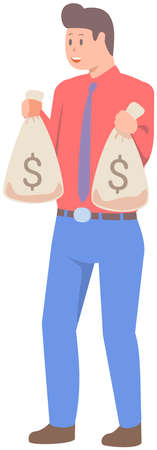 Smiling businessman stands with full bag of money. Man in suit hold sack of money in his hand. Business success concept. Income and high earnings in cash. Cash bills as symbol of wealth and successのイラスト素材