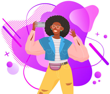 Young girl doing live streaming. Video blogging concept. Social media network blogger. Woman is broadcasting live with her smartphone. Female character uses technology for video blog and broadcastのイラスト素材