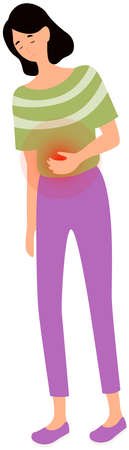 Diarrhea or constipation. Abdomen disease and illness. Girl with sad face suffering from stomachache. Painful sensations in belly. Woman with abdominal pain. Female character feeling pain in abdomenのイラスト素材