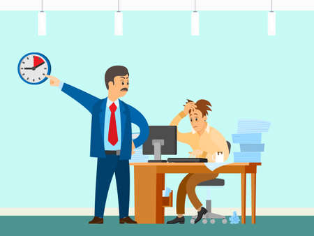 Male character working at computer and doing paperwork to finish task. Boss urges employee to complete assignment defore deadline. Angry director with subordinate work to deal with deadlineのイラスト素材