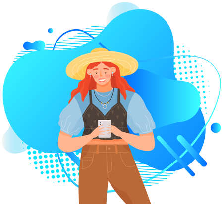 Woman with smartphone is communicating on abstract background. Female character using mobile device to chat. Young girl is chatting online via internet. Person uses technology to communicateのイラスト素材