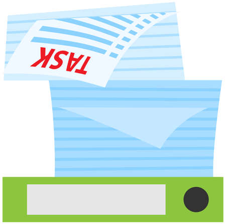 Stack of documents and assignments isolated on white background. Paper sheets with tasks for doing at work. List of assignments to be done by employee at work. Sheets of paper with inscription taskのイラスト素材