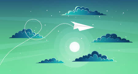 Paper plane flying over sunset sky landscape. Airplane flying among clouds and sun, art style. Pattern design vector illustration. Red airplane on pattern layout. Aircraft flies next to sunsetのイラスト素材