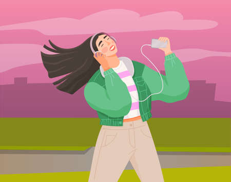 Young teen girl listening to her favorite music through mobile app. Application for listening to...