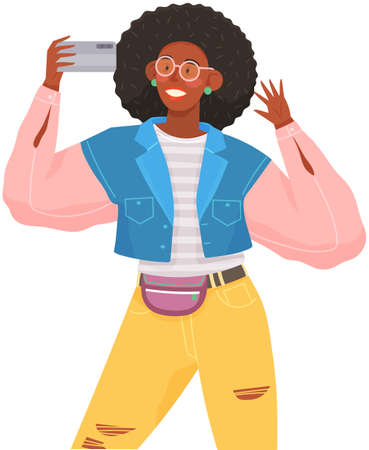 Young girl doing live streaming. Video blogging concept. Social media network blogger. Woman is broadcasting live with her smartphone. Female character uses technology for video blog and broadcastのイラスト素材