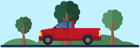 Pick up driving on country road. Landscape with green trees and automobile. Driving in forest....