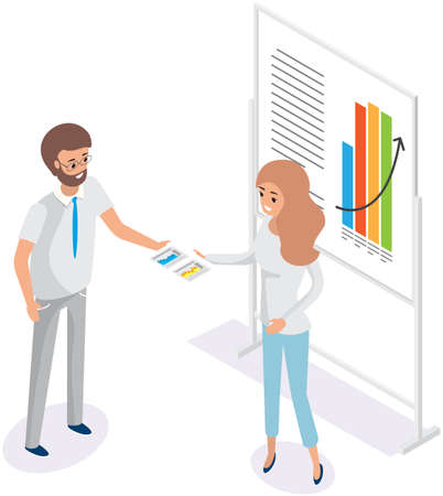 Visualize with business analytics. People work with statistical data analysis, changing indicators. Employees analyze statistical indicators, business data. Characters work with marketing researchのイラスト素材