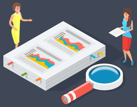 Visualize with graph and chart marketing growth. Women analyze statistics on paper. People work with statistical data analysis, changing indicators. Female characters discussing growth graphのイラスト素材
