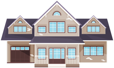 Grey residential building, house with garage. Architectural structure made of bricks and covered with roof tiles. Large building with windows, fence and decorations. Brick house vector illustrationのイラスト素材