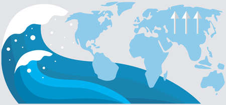 Planet with tsunami natural disaster. Huge wave is about to cover and flood world. Climate and weather changes on planet are leading to increase in water level. Tsunami is approaching countriesのイラスト素材