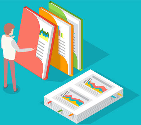 Visualize with business analytics. People work with statistical data analysis, changing indicators. Employees analyze statistical indicators, business data. Characters work with marketing researchのイラスト素材