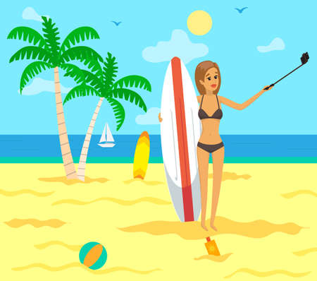 Girl is having summer vacation and surfing. Woman in swimsuit is photographed on phone camera. Lady with smartphone is posing for self portrait. Female holding surfboard is making selfie on beachのイラスト素材