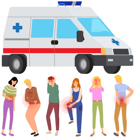 Sad people suffering from severe pain. Patients touching their sore body parts. Painful sensations of sick characters. Ambulance near sick men and women. Car for transporting patients to hospitalのイラスト素材