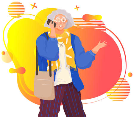 Senior person talking on mobile phone. Elderly woman with smartphone is communicating. Female character uses mobile device to communicate with someone. Old woman with smartphone on abstract backgroundのイラスト素材