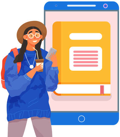 Girl uses application on smartphone to read books. Electronic library in your phone concept. Woman reading books using application on electronic device. Online library on mobile phone screenのイラスト素材