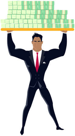 Strong businessman lifts up heavy dollar banknotes. Business financial strength concept. Metaphor for growth and making money. Rich man enjoying success and wealth. Guy pumps muscles with moneyのイラスト素材