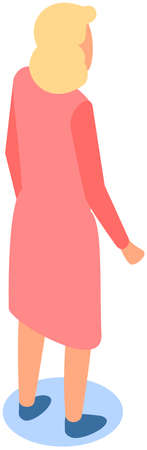 Girl stands pensively turned her back. Blond woman in pink dress looks behind her. Businesswoman isolated on white background. Female character turns and looks back. Business lady vector illustrationのイラスト素材