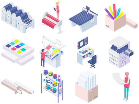 Set of equipment for work in printing. Photocopier, printer, paper cutter isolated on white...