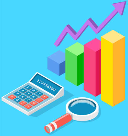 Visualize with business analytics. Work with statistical data analysis, changing indicators. Analyze statistical indicators, business data. Marketing research for presentation. Data financial reportのイラスト素材