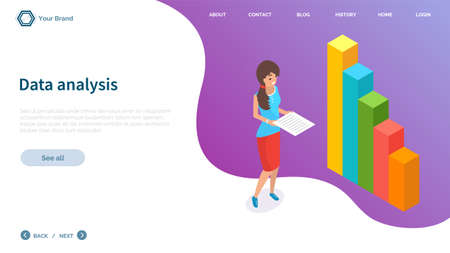 Visualize with business analytics. People work with statistical data analysis, changing indicators. Employees analyze statistical indicators, business data. Characters work with marketing researchのイラスト素材