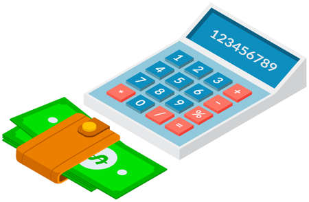 Paper green money in wallet next to calculator Accessories for office work and business meetings. Calculator with colored buttons and screen with numbers. Picture about cash, payments and fundsのイラスト素材