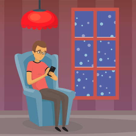 Man uses smartphone while sitting on chair. Internet surfing or reading article. Guy looks at screen of mobile device with application. Male character with glasses uses mobile app on phone in nightのイラスト素材