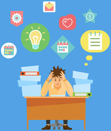 Missing deadline, bad time management. Work in high stress conditions and under hard boss pressure. Scene of tired, nervous, stressed people clutches head at work, many tasks. Deadline metaphorsのイラスト素材
