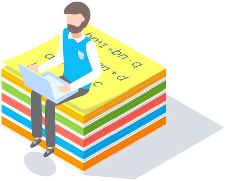 Man sitting and working with laptop on colored stickers for notes. Businessman with beard works and analyzes data on internet. Person works with computer and surfing internet on white backgroundのイラスト素材