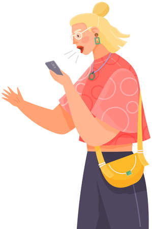 Woman with smartphone communicating during walk. Female character using mobile device to talk. Lady looking at screen and shouting into speaker of phone. Girl with gadget isolated on white backgroundのイラスト素材
