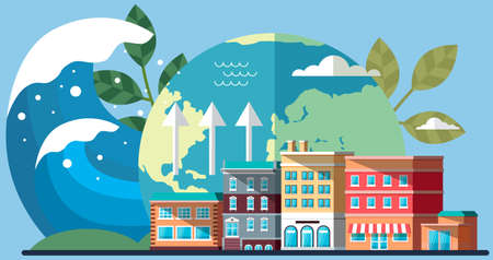 Climate change on planet. Cityscape with houses on background of globe. Visualization weather and...