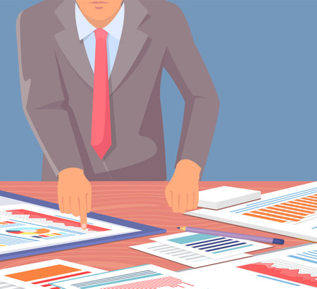 Visualize with business analytics. People work with statistical data analysis, changing indicators. Employees analyze statistical indicators, business data. Characters work with marketing researchのイラスト素材