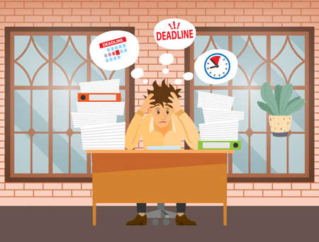 Missing deadline, bad time management. Work in high stress conditions and under hard boss pressure. Scene of tired, nervous, stressed people clutches head at work, many tasks. Deadline metaphorsのイラスト素材