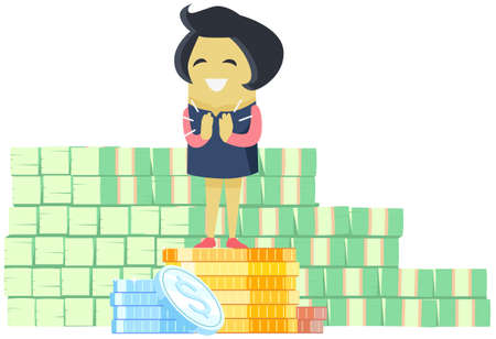 Smiling girl standing on pile of gold coins. Metaphor for growth and making money. Rich woman enjoying success on top of pile pennies. Female character with wealth on background of dollar billsのイラスト素材