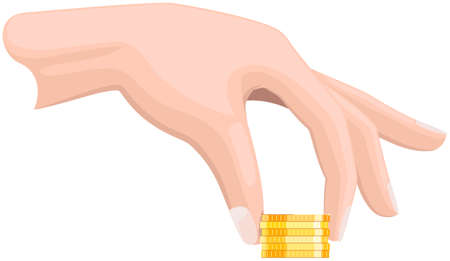 Human hand with coin isolated on white background. Money donation, charity, investment. Profit, income, salary increase. Hand holding gold dollar penny. Person with gold cent between fingersのイラスト素材