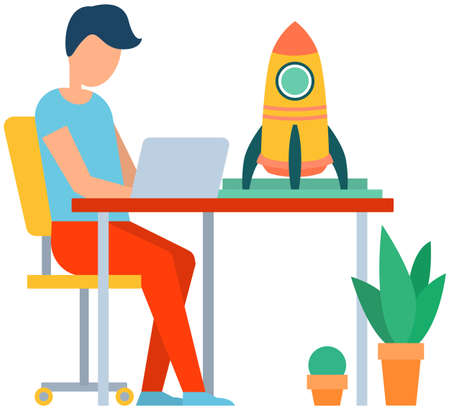 Man working on business startup. Man with laptop works with information. Guy creates new business project, startup with spaceship. Freelancer works sitting at table with small model of rocketのイラスト素材
