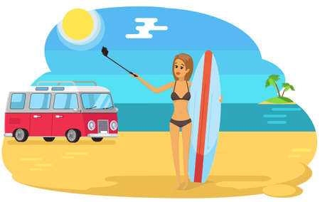 Girl is having summer vacation and surfing. Woman in swimsuit is photographed on phone camera. Lady with smartphone is posing for self portrait. Female holding surfboard is making selfie on beachのイラスト素材