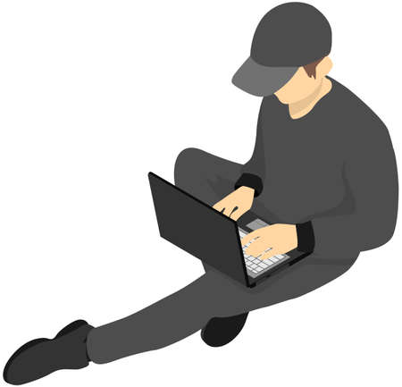 Man freelancer in black clothes working or studying at laptop. Remote worker, student isolated on white background. Job freelance, student at online learning. Guy sits with computer and typesのイラスト素材