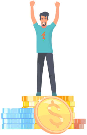 Businessman standing on pile of gold coins. Metaphor for growth and making money. Rich guy enjoying success on top of pile of dollar pennies. Man happily raises his hands from wealth he earnedのイラスト素材
