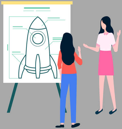 Team is working with startup. People planning business project, successful strategy. Eemale characters create new project with spaceship. Women discussing model of future rocket on flipchartのイラスト素材