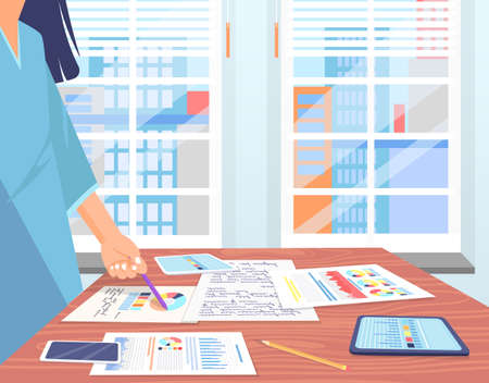 Visualize with business analytics. People work with statistical data analysis, changing indicators. Employees analyze statistical indicators, business data. Characters work with marketing researchのイラスト素材