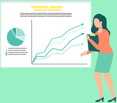 Business woman analysing sales statistics graphs on presentation screen. Brainstorming statistical...